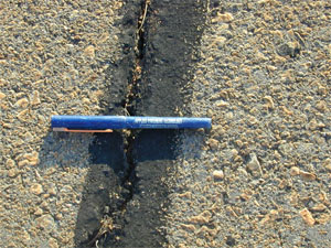 Close-up photo of a single medium-severity crack. The crack is unsealed, and appears to be slightly larger than 1/4 in (6 mm) wide.           A ball point pen has been placed across the crack to give it scale.