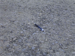 Close-up photo of the pavement surface showing a more significant area of scaling. In this photo,           the majority of the visible pavement surface looks very pitted.