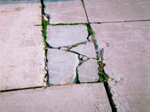 Close-up of a rectangular PCC patch that is divided into more than five pieces.           The cracks that divide the patch into the different pieces are very wide high-severity cracks.