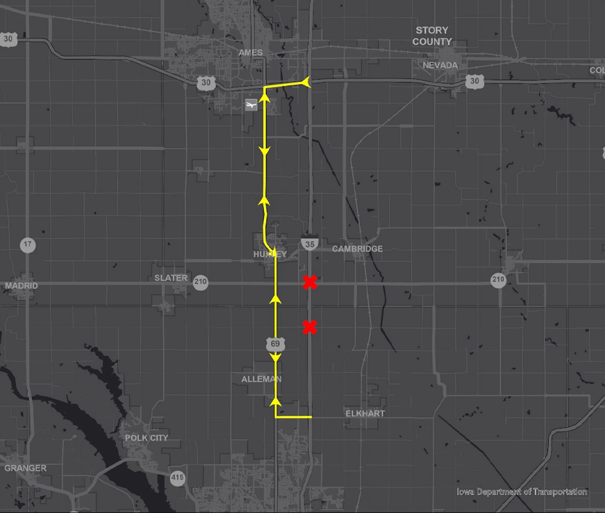 I-35 and IA 210 interchange Detour
